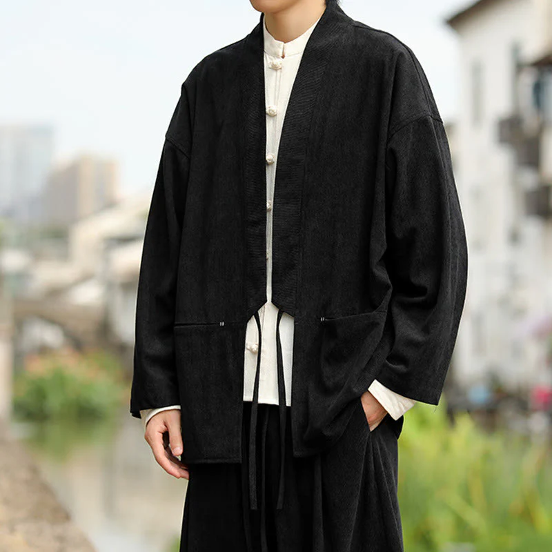 Giacca da uomo in velluto a coste di cotone con maniche lunghe, aperta sul davanti, tinta unita, motivo Buddha Stones , kimono con tasche - Image 17