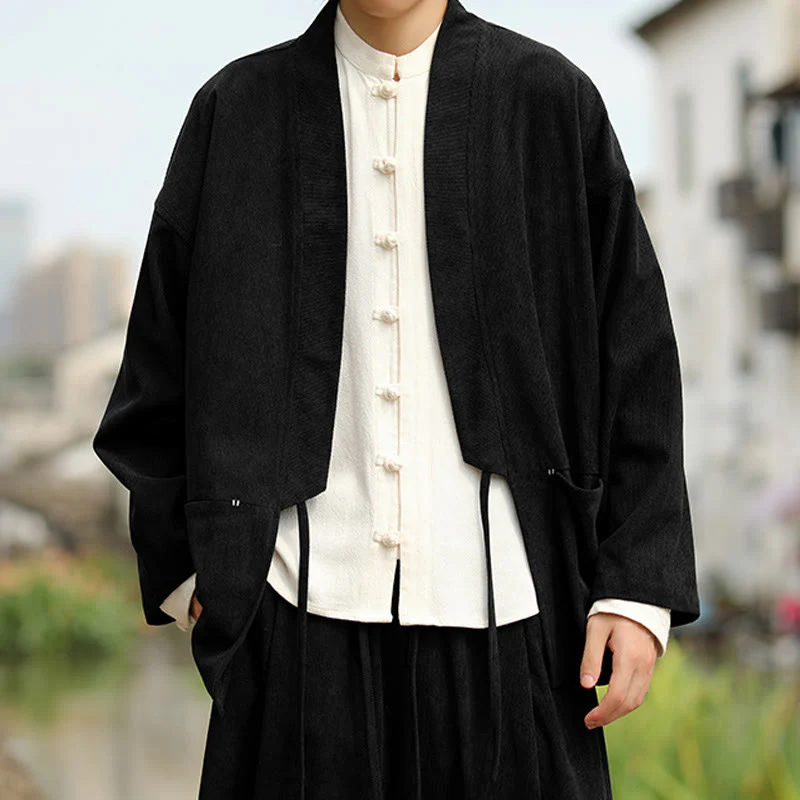 Giacca da uomo in velluto a coste di cotone con maniche lunghe, aperta sul davanti, tinta unita, motivo Buddha Stones , kimono con tasche - Image 18