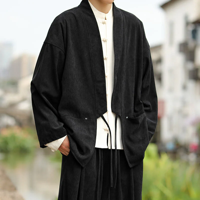 Giacca da uomo in velluto a coste di cotone con maniche lunghe, aperta sul davanti, tinta unita, motivo Buddha Stones , kimono con tasche - Image 19
