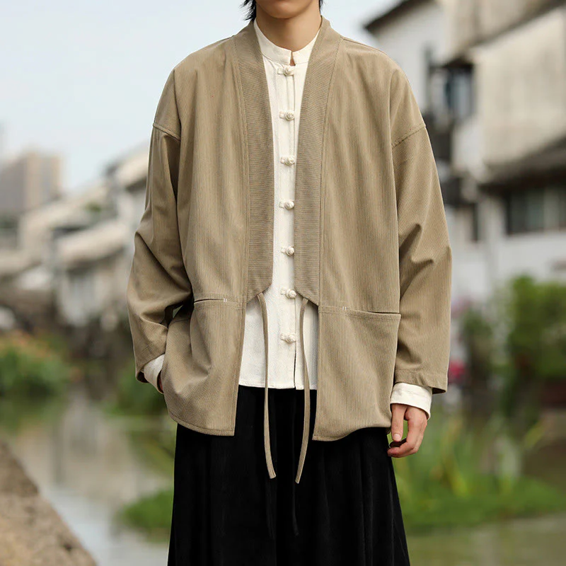 Giacca da uomo in velluto a coste di cotone con maniche lunghe, aperta sul davanti, tinta unita, motivo Buddha Stones , kimono con tasche - Image 3
