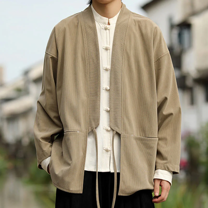 Giacca da uomo in velluto a coste di cotone con maniche lunghe, aperta sul davanti, tinta unita, motivo Buddha Stones , kimono con tasche - Image 4