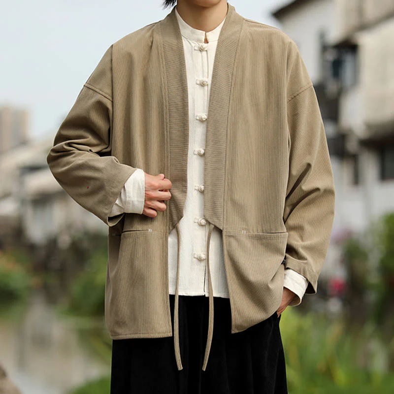 Giacca da uomo in velluto a coste di cotone con maniche lunghe, aperta sul davanti, tinta unita, motivo Buddha Stones , kimono con tasche - Image 5