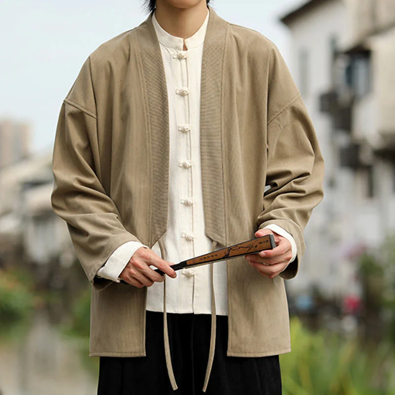 Giacca da uomo in velluto a coste di cotone con maniche lunghe, aperta sul davanti, tinta unita, motivo Buddha Stones , kimono con tasche - Image 6