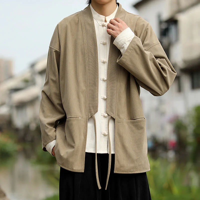 Giacca da uomo in velluto a coste di cotone con maniche lunghe, aperta sul davanti, tinta unita, motivo Buddha Stones , kimono con tasche - Image 7
