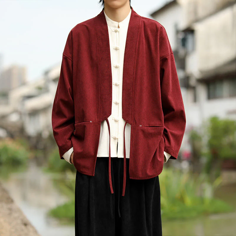 Giacca da uomo in velluto a coste di cotone con maniche lunghe, aperta sul davanti, tinta unita, motivo Buddha Stones , kimono con tasche - Image 8