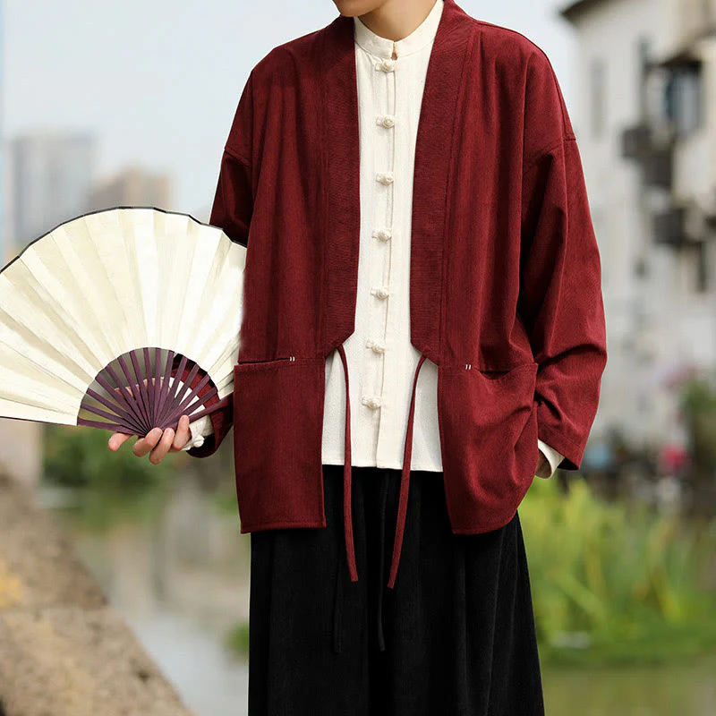 Giacca da uomo in velluto a coste di cotone con maniche lunghe, aperta sul davanti, tinta unita, motivo Buddha Stones , kimono con tasche - Image 9