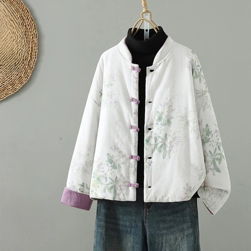 Giacca in cotone con bottoni a rana e maniche lunghe con stampa floreale da donna Buddha Stones