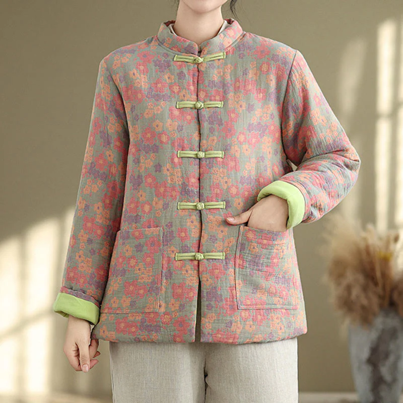 Giacca invernale da donna Buddha Stones in cotone spesso con motivo floreale e maniche lunghe, con tasche