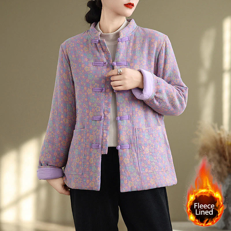 Giacca invernale da donna Buddha Stones in cotone spesso con motivo floreale e maniche lunghe, con tasche - Image 18