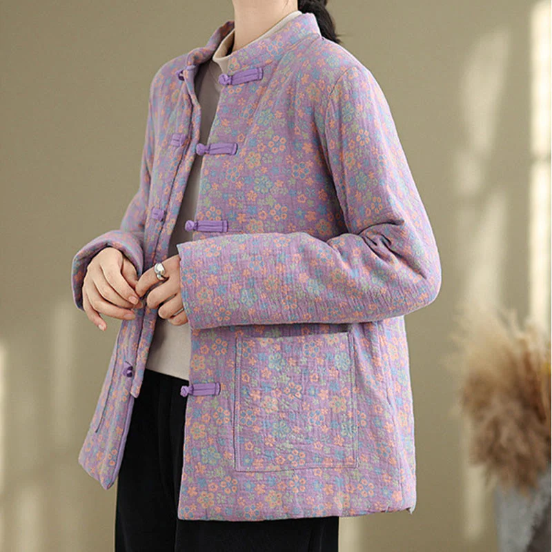 Giacca invernale da donna Buddha Stones in cotone spesso con motivo floreale e maniche lunghe, con tasche - Image 21