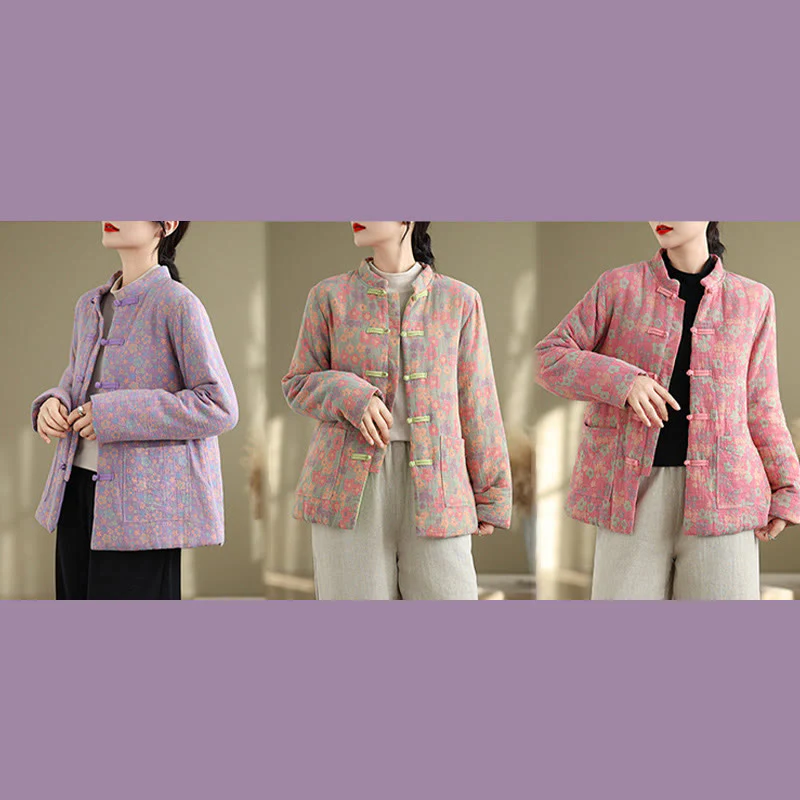Giacca invernale da donna Buddha Stones in cotone spesso con motivo floreale e maniche lunghe, con tasche - Image 28