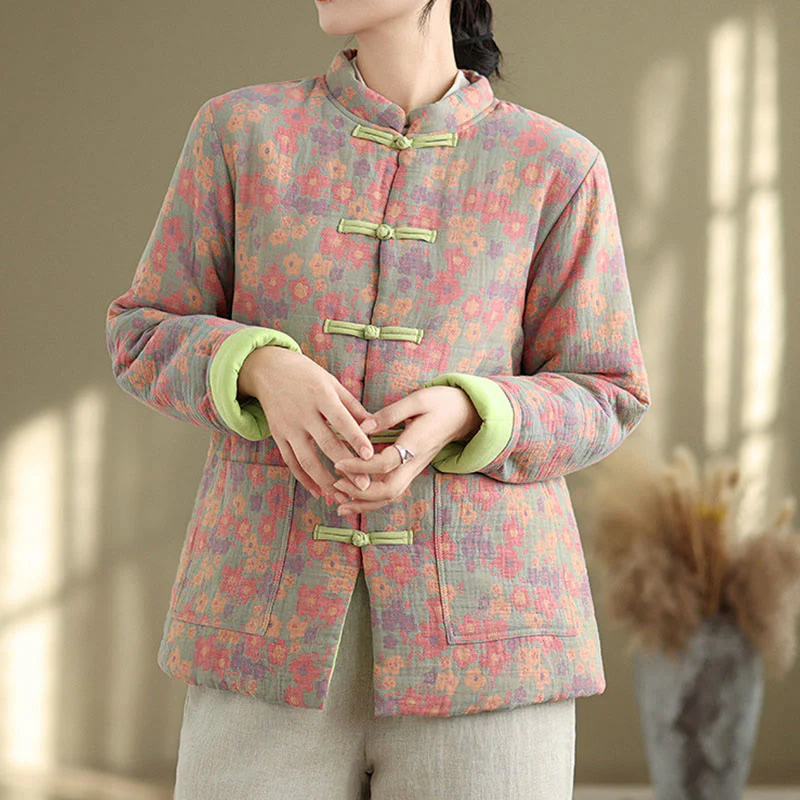 Giacca invernale da donna Buddha Stones in cotone spesso con motivo floreale e maniche lunghe, con tasche - Image 5
