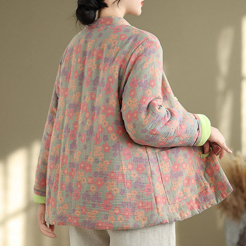 Giacca invernale da donna Buddha Stones in cotone spesso con motivo floreale e maniche lunghe, con tasche - Image 6
