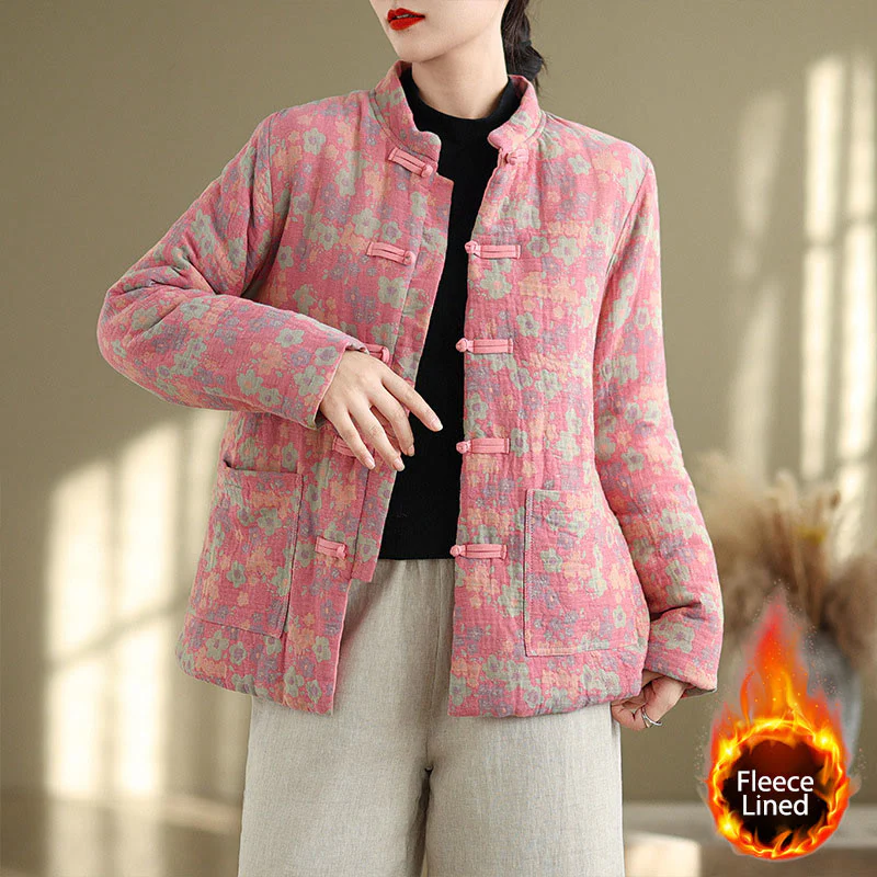 Giacca invernale da donna Buddha Stones in cotone spesso con motivo floreale e maniche lunghe, con tasche - Image 8