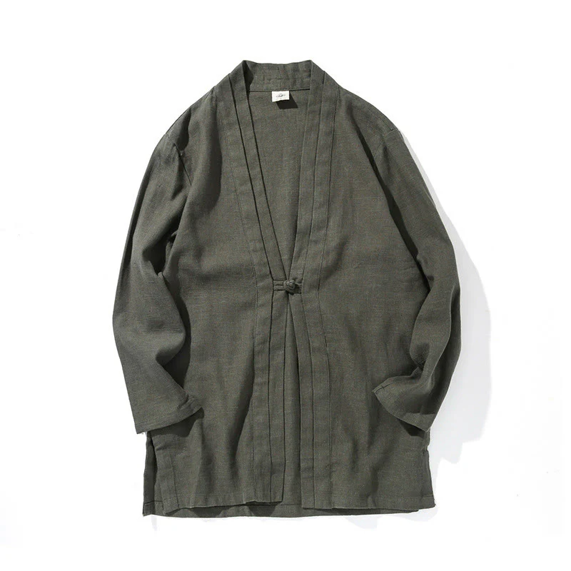 Giacca kimono da uomo a maniche lunghe in cotone e lino, con motivo semplice e aperto sul davanti, motivo Buddha Stones - Image 11