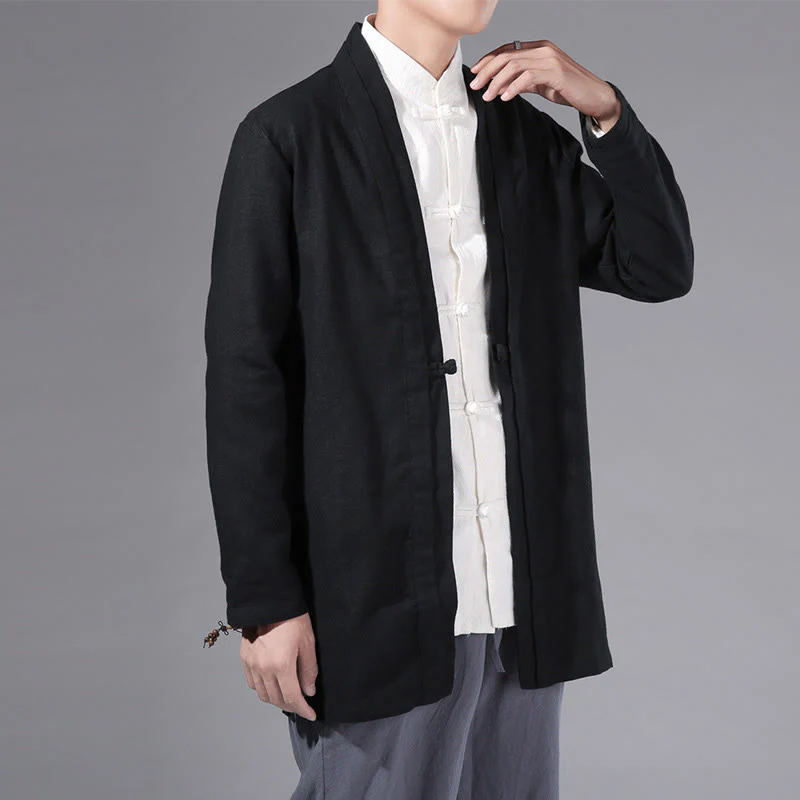 Giacca kimono da uomo a maniche lunghe in cotone e lino, con motivo semplice e aperto sul davanti, motivo Buddha Stones - Image 12