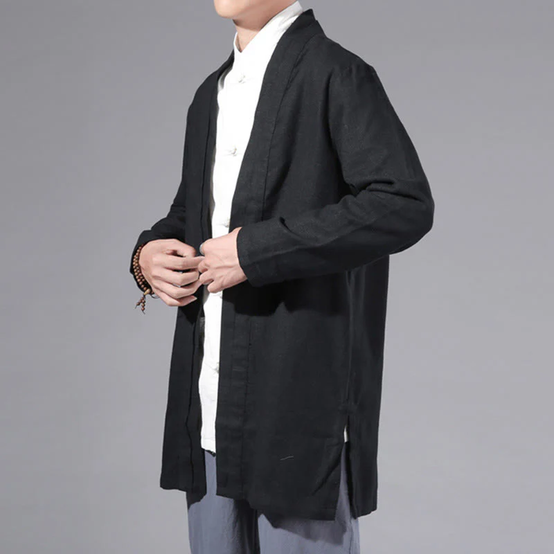 Giacca kimono da uomo a maniche lunghe in cotone e lino, con motivo semplice e aperto sul davanti, motivo Buddha Stones - Image 14