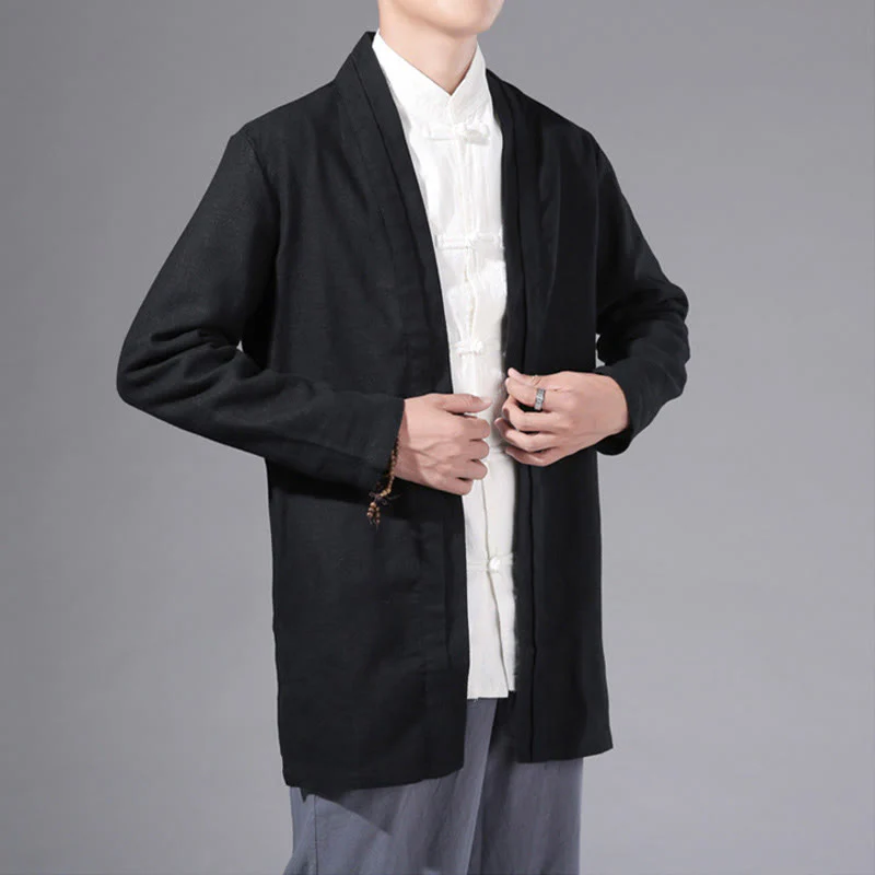 Giacca kimono da uomo a maniche lunghe in cotone e lino, con motivo semplice e aperto sul davanti, motivo Buddha Stones - Image 16