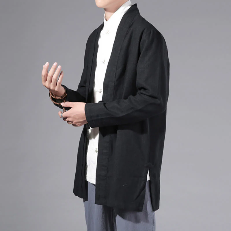 Giacca kimono da uomo a maniche lunghe in cotone e lino, con motivo semplice e aperto sul davanti, motivo Buddha Stones - Image 17