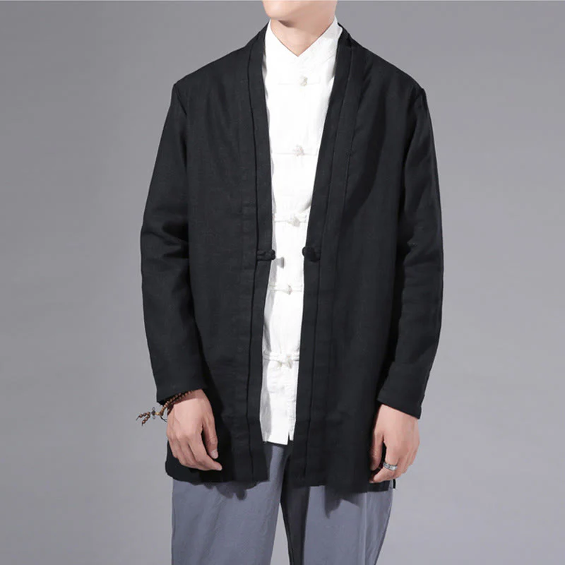 Giacca kimono da uomo a maniche lunghe in cotone e lino, con motivo semplice e aperto sul davanti, motivo Buddha Stones - Image 19