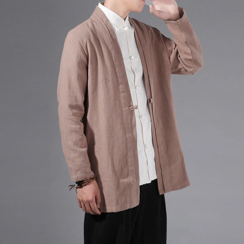 Giacca kimono da uomo a maniche lunghe in cotone e lino, con motivo semplice e aperto sul davanti, motivo Buddha Stones - Image 21
