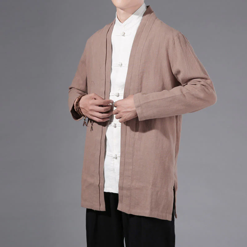 Giacca kimono da uomo a maniche lunghe in cotone e lino, con motivo semplice e aperto sul davanti, motivo Buddha Stones - Image 24