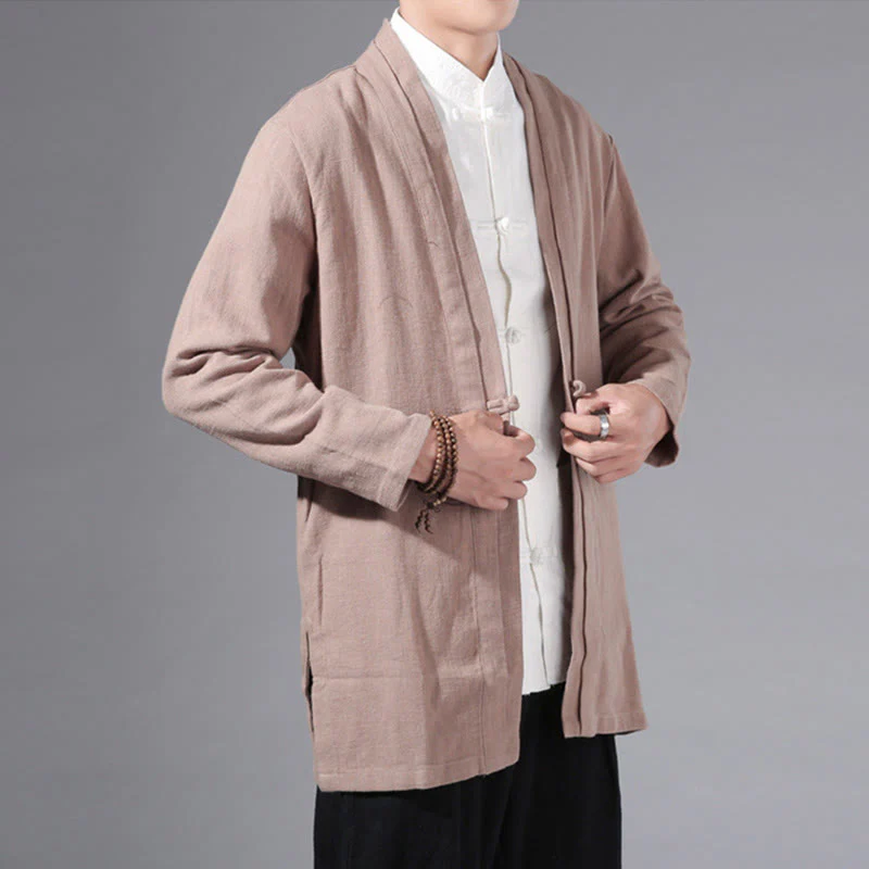 Giacca kimono da uomo a maniche lunghe in cotone e lino, con motivo semplice e aperto sul davanti, motivo Buddha Stones - Image 26