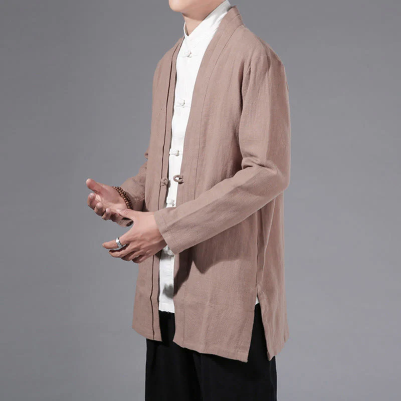 Giacca kimono da uomo a maniche lunghe in cotone e lino, con motivo semplice e aperto sul davanti, motivo Buddha Stones - Image 27