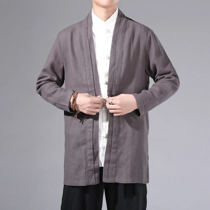 Giacca kimono da uomo a maniche lunghe in cotone e lino, con motivo semplice e aperto sul davanti, motivo Buddha Stones - Image 29