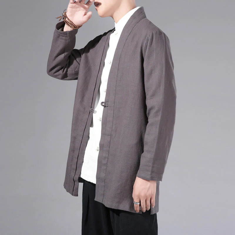 Giacca kimono da uomo a maniche lunghe in cotone e lino, con motivo semplice e aperto sul davanti, motivo Buddha Stones - Image 30