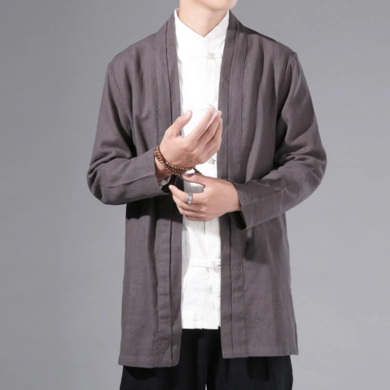 Giacca kimono da uomo a maniche lunghe in cotone e lino, con motivo semplice e aperto sul davanti, motivo Buddha Stones - Image 31