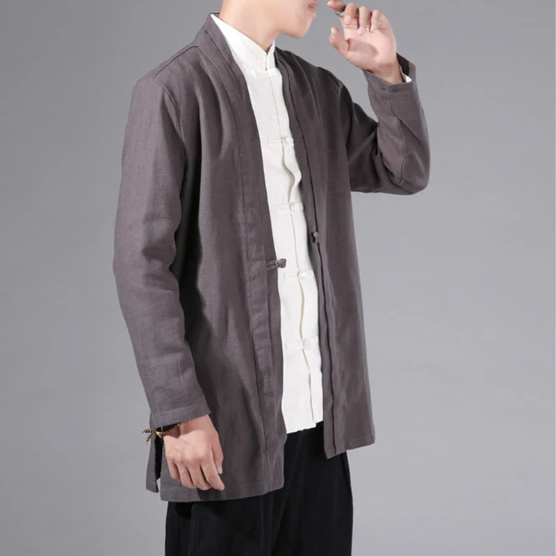 Giacca kimono da uomo a maniche lunghe in cotone e lino, con motivo semplice e aperto sul davanti, motivo Buddha Stones - Image 32