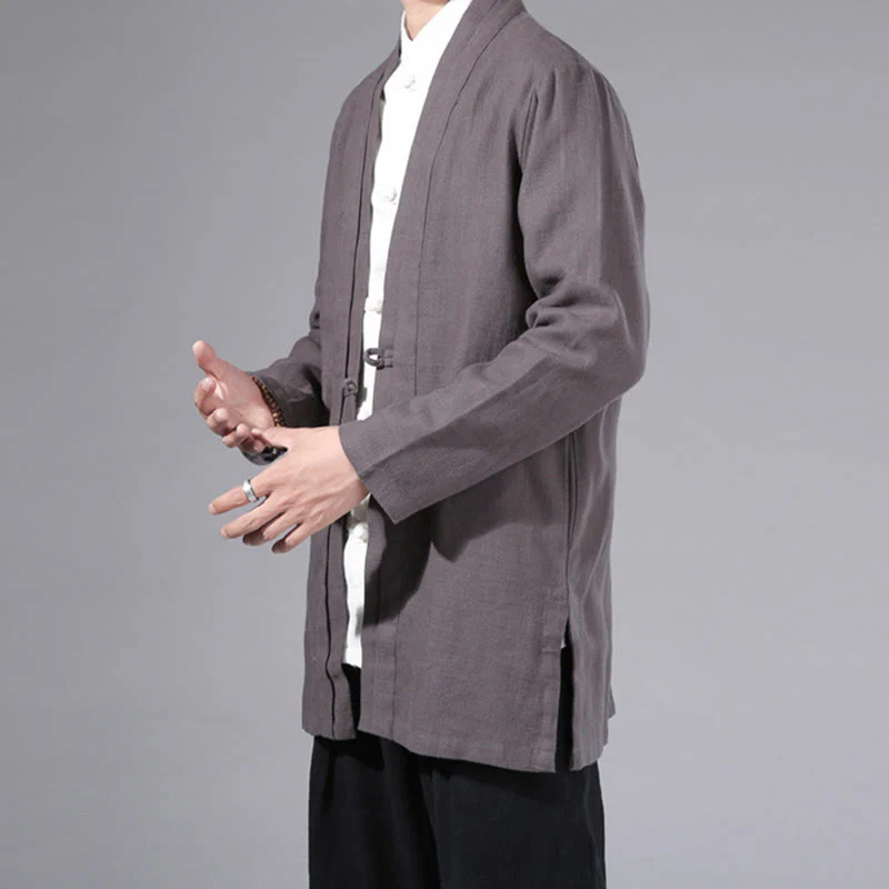 Giacca kimono da uomo a maniche lunghe in cotone e lino, con motivo semplice e aperto sul davanti, motivo Buddha Stones - Image 34