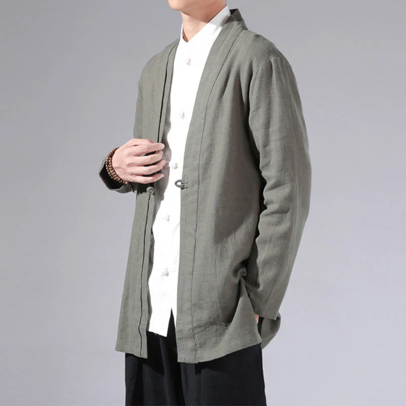 Giacca kimono da uomo a maniche lunghe in cotone e lino, con motivo semplice e aperto sul davanti, motivo Buddha Stones - Image 4