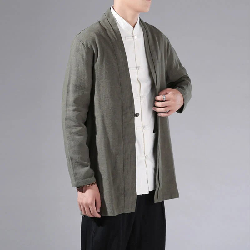 Giacca kimono da uomo a maniche lunghe in cotone e lino, con motivo semplice e aperto sul davanti, motivo Buddha Stones - Image 6