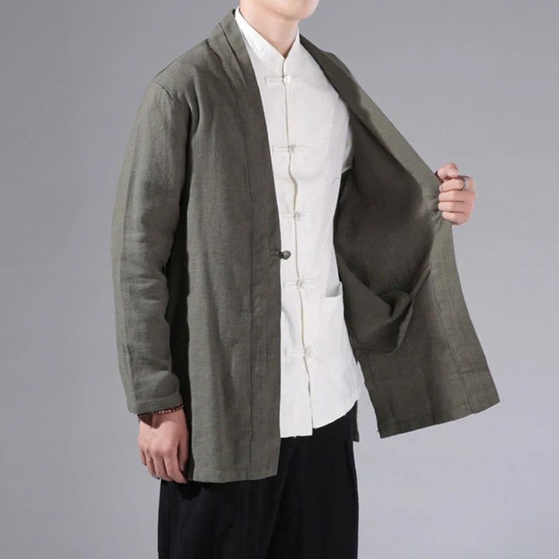 Giacca kimono da uomo a maniche lunghe in cotone e lino, con motivo semplice e aperto sul davanti, motivo Buddha Stones - Image 7
