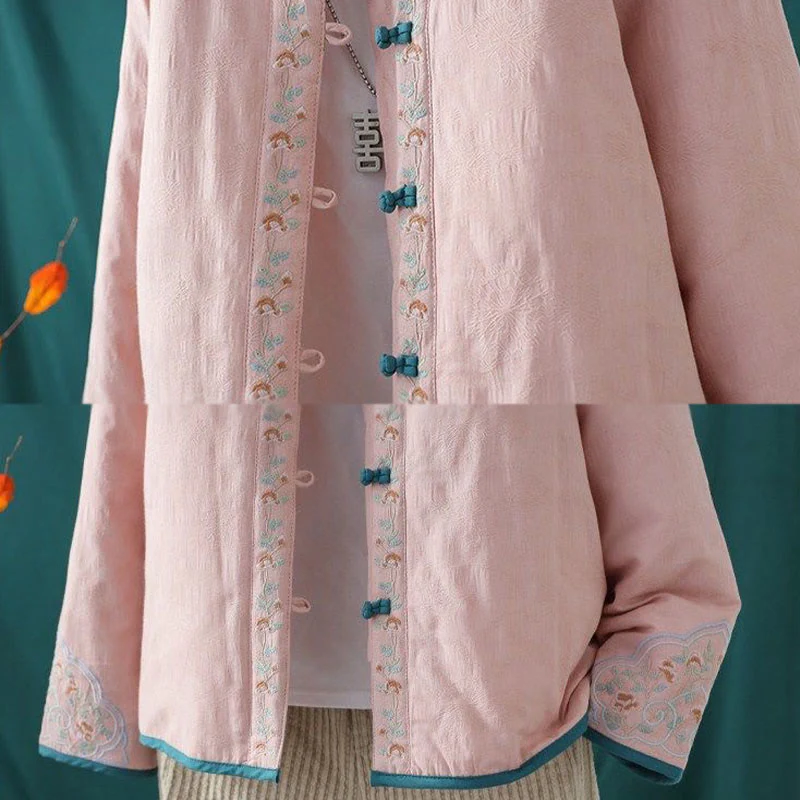 Giacca termica da donna in cotone a maniche lunghe con ricamo di fiori e bottoni a forma di rana invernale Buddha Stones - Image 13