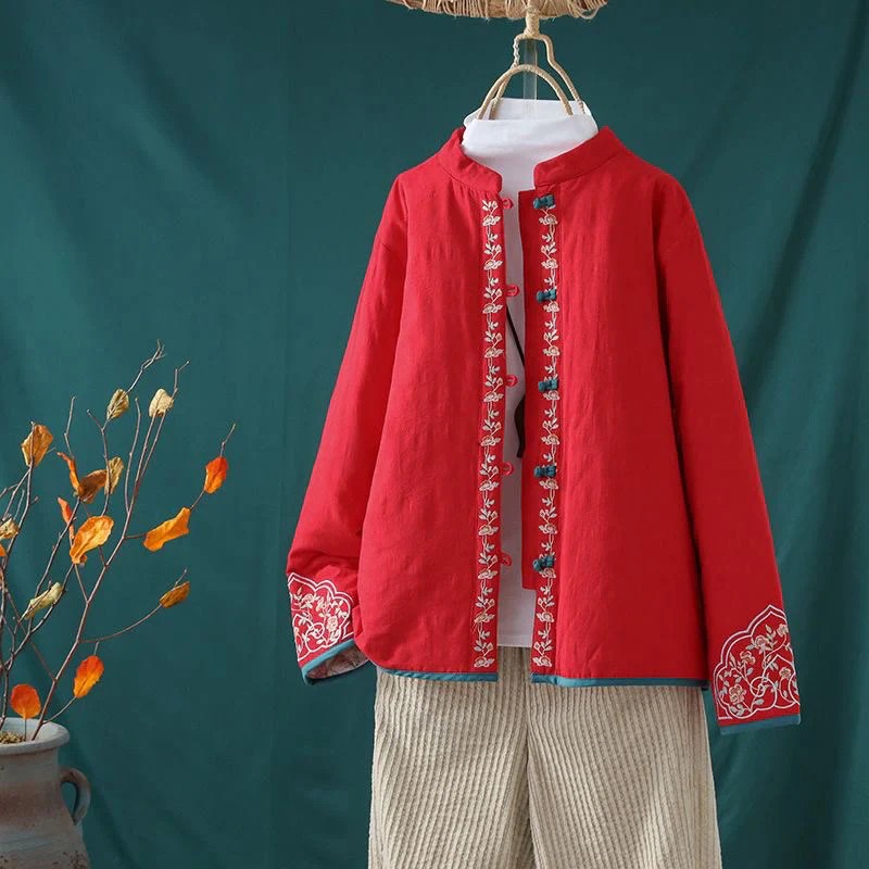 Giacca termica da donna in cotone a maniche lunghe con ricamo di fiori e bottoni a forma di rana invernale Buddha Stones - Image 19