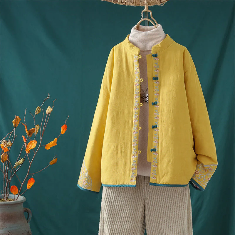 Giacca termica da donna in cotone a maniche lunghe con ricamo di fiori e bottoni a forma di rana invernale Buddha Stones - Image 2