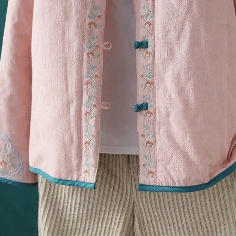 Giacca termica da donna in cotone a maniche lunghe con ricamo di fiori e bottoni a forma di rana invernale Buddha Stones - Image 9