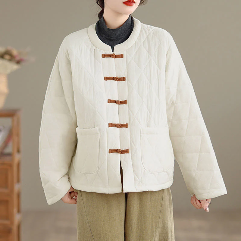 Giacca termica da donna in cotone a maniche lunghe con tasche, motivo a rombi e bottoni a rana invernali Buddha Stones - Image 21