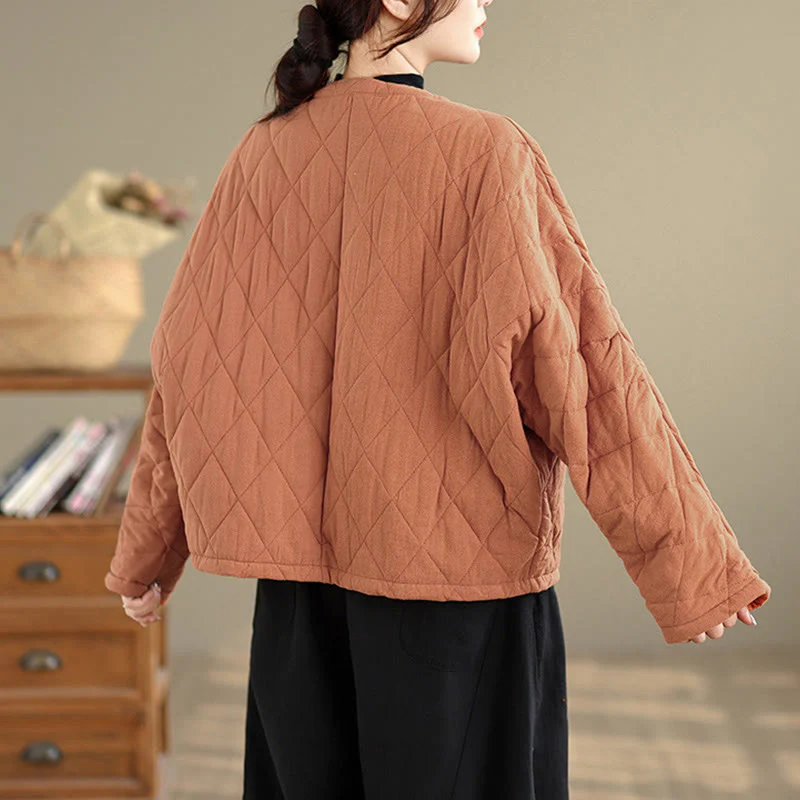 Giacca termica da donna in cotone a maniche lunghe con tasche, motivo a rombi e bottoni a rana invernali Buddha Stones - Image 4