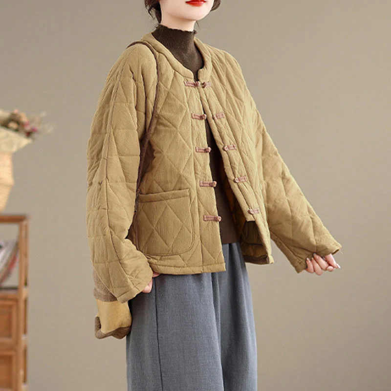 Giacca termica da donna in cotone a maniche lunghe con tasche, motivo a rombi e bottoni a rana invernali Buddha Stones - Image 9