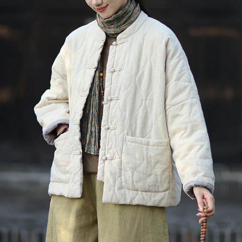 Giacca termica da donna in cotone ramiè con bottoni a rana, maniche lunghe, linee curve invernali , Buddha Stones, con tasche - Image 17