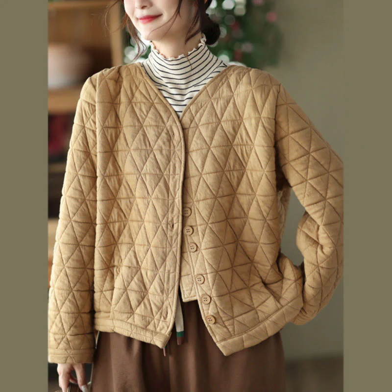 Giacca termica invernale da donna con maniche lunghe e motivo a rombi in cotone Buddha Stones, con tasche - Image 10