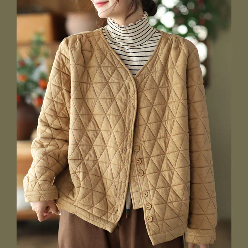 Giacca termica invernale da donna con maniche lunghe e motivo a rombi in cotone Buddha Stones, con tasche - Image 11