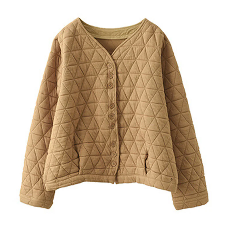 Giacca termica invernale da donna con maniche lunghe e motivo a rombi in cotone Buddha Stones, con tasche - Image 12