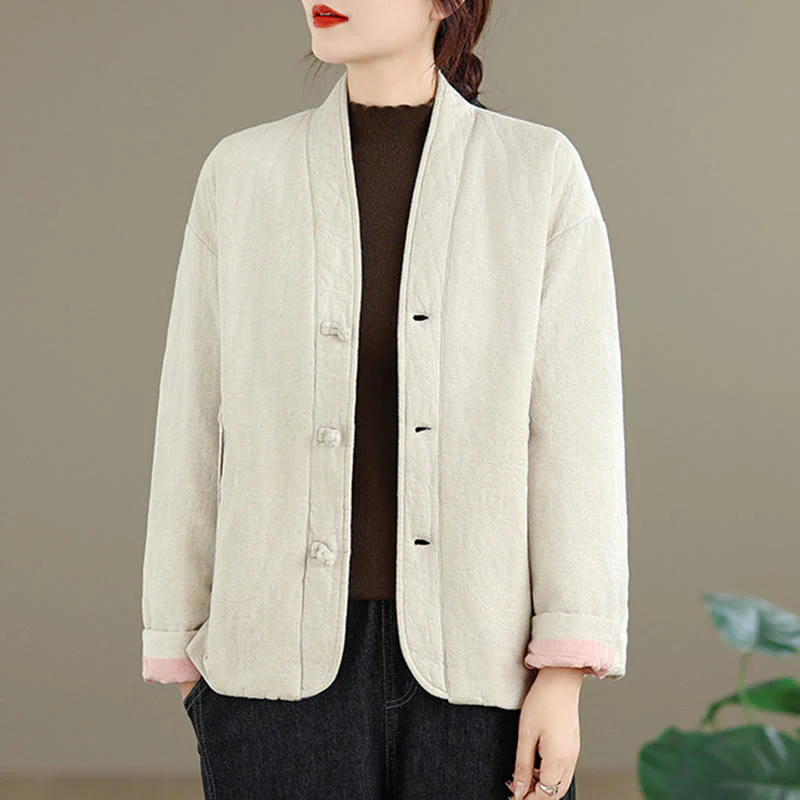 Giacca termica invernale da donna in cotone con maniche lunghe, scollo a V, bottoni a rana, jacquard Buddha Stones, con tasche - Image 19
