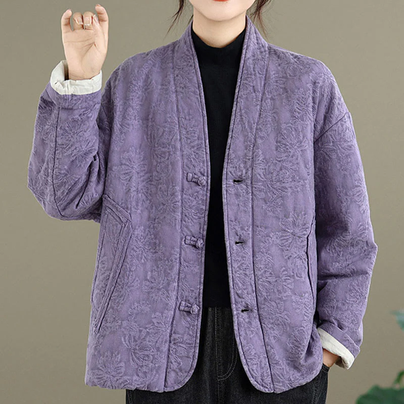 Giacca termica invernale da donna in cotone con maniche lunghe, scollo a V, bottoni a rana, jacquard Buddha Stones, con tasche - Image 24