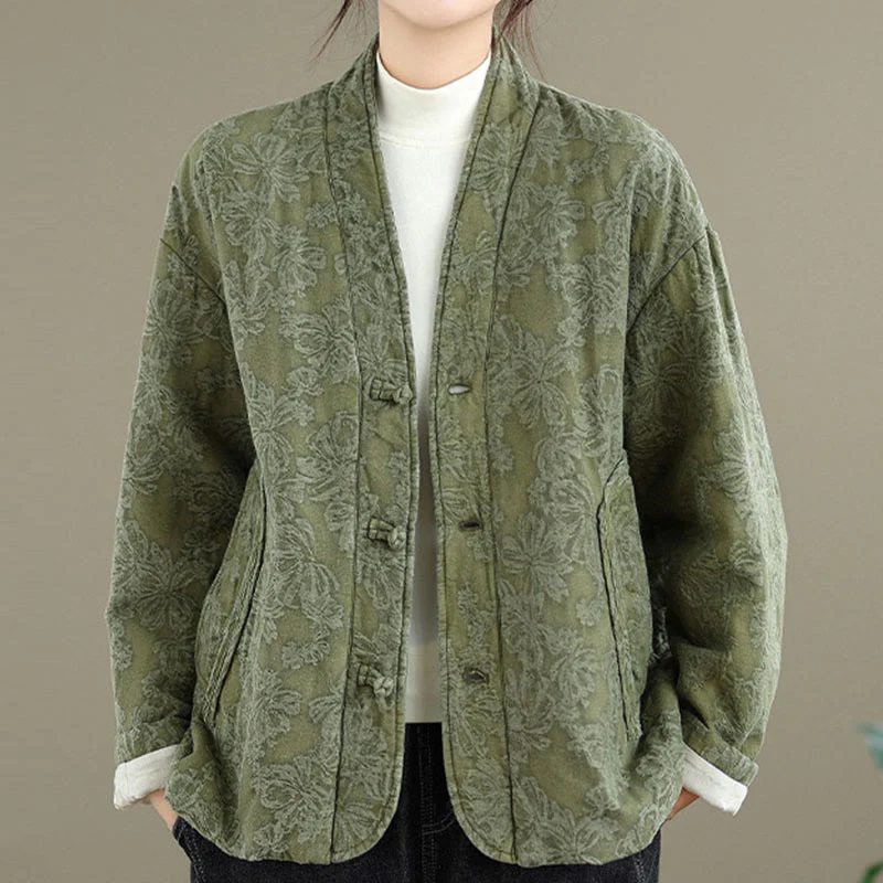 Giacca termica invernale da donna in cotone con maniche lunghe, scollo a V, bottoni a rana, jacquard Buddha Stones, con tasche - Image 3